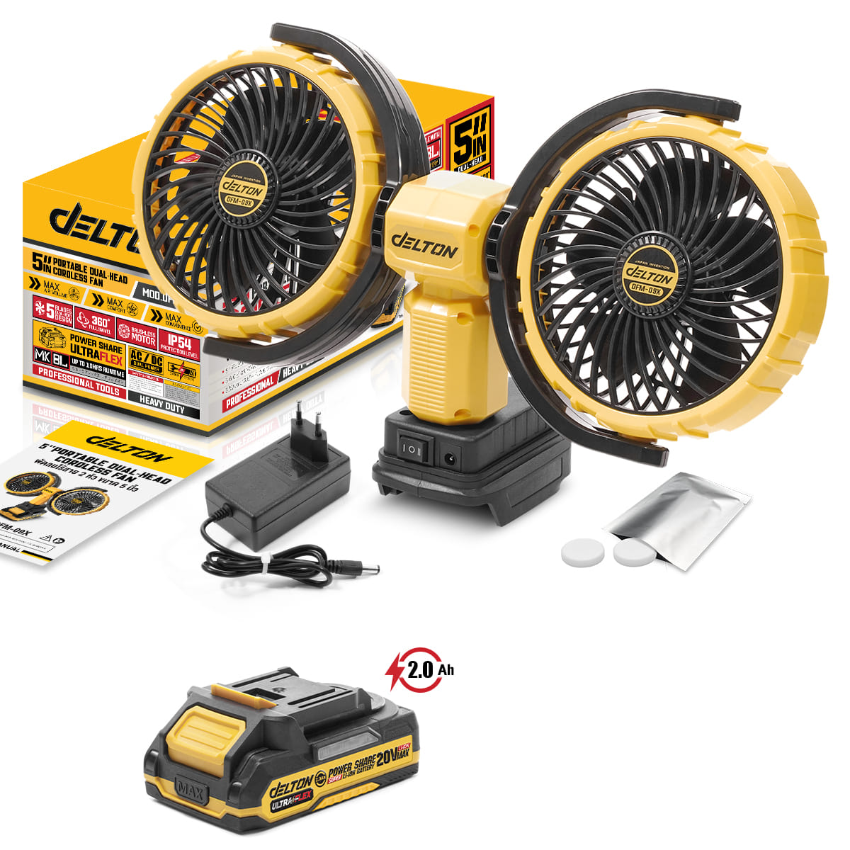 พัดลมไร้สาย 2 หัว 5 นิ้ว (พร้อมแบตเตอรี่) DELTON รุ่น DFM-09X ULTRAFLEX 20V 2AH_1